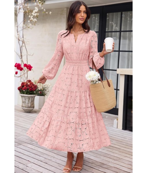 MEROKEETY Women's Fall Long Sleeve Floral Maxi Dress V Neck Lace Eyelet Hollow Out Tiered Dresses Pockets