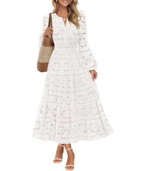 MEROKEETY Women's Fall Long Sleeve Floral Maxi Dress V Neck Lace Eyelet Hollow Out Tiered Dresses Pockets
