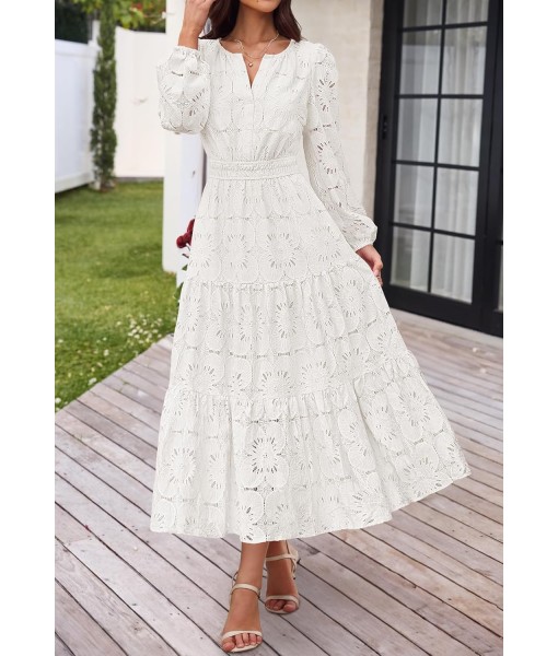 MEROKEETY Women's Fall Long Sleeve Floral Maxi Dress V Neck Lace Eyelet Hollow Out Tiered Dresses Pockets