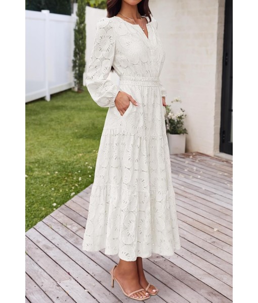 MEROKEETY Women's Fall Long Sleeve Floral Maxi Dress V Neck Lace Eyelet Hollow Out Tiered Dresses Pockets
