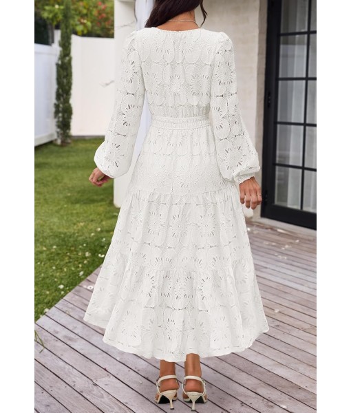 MEROKEETY Women's Fall Long Sleeve Floral Maxi Dress V Neck Lace Eyelet Hollow Out Tiered Dresses Pockets