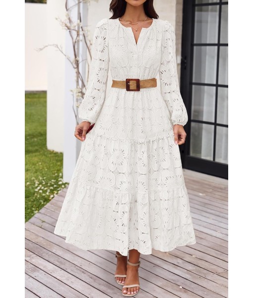 MEROKEETY Women's Fall Long Sleeve Floral Maxi Dress V Neck Lace Eyelet Hollow Out Tiered Dresses Pockets