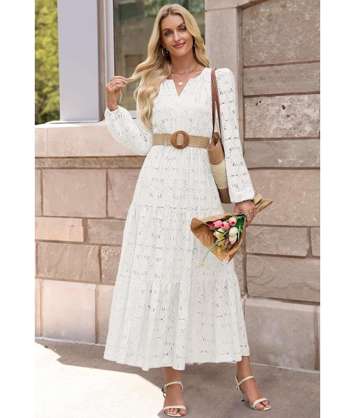 MEROKEETY Women's Fall Long Sleeve Floral Maxi Dress V Neck Lace Eyelet Hollow Out Tiered Dresses Pockets