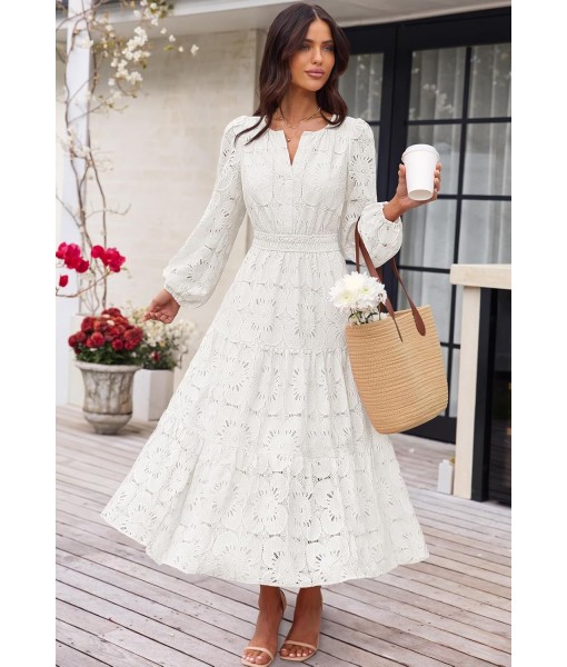 MEROKEETY Women's Fall Long Sleeve Floral Maxi Dress V Neck Lace Eyelet Hollow Out Tiered Dresses Pockets