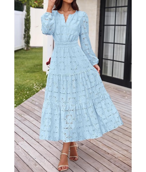 MEROKEETY Women's Fall Long Sleeve Floral Maxi Dress V Neck Lace Eyelet Hollow Out Tiered Dresses Pockets