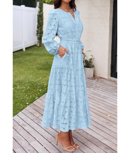 MEROKEETY Women's Fall Long Sleeve Floral Maxi Dress V Neck Lace Eyelet Hollow Out Tiered Dresses Pockets