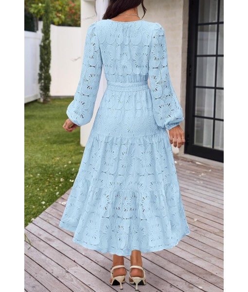 MEROKEETY Women's Fall Long Sleeve Floral Maxi Dress V Neck Lace Eyelet Hollow Out Tiered Dresses Pockets