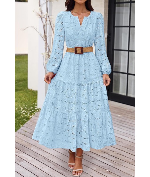 MEROKEETY Women's Fall Long Sleeve Floral Maxi Dress V Neck Lace Eyelet Hollow Out Tiered Dresses Pockets