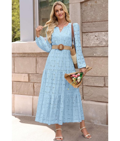 MEROKEETY Women's Fall Long Sleeve Floral Maxi Dress V Neck Lace Eyelet Hollow Out Tiered Dresses Pockets