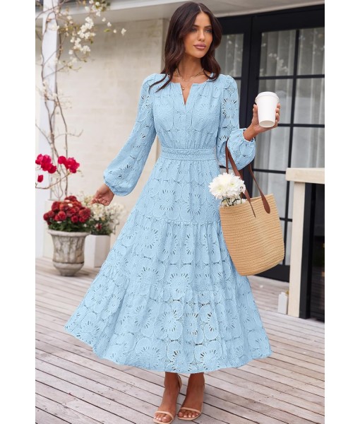 MEROKEETY Women's Fall Long Sleeve Floral Maxi Dress V Neck Lace Eyelet Hollow Out Tiered Dresses Pockets