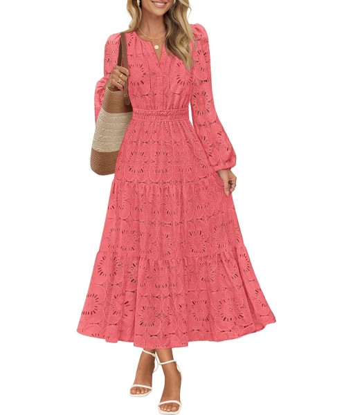 MEROKEETY Women's Fall Long Sleeve Floral Maxi Dress V Neck Lace Eyelet Hollow Out Tiered Dresses Pockets
