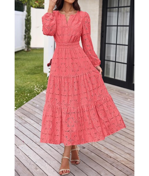 MEROKEETY Women's Fall Long Sleeve Floral Maxi Dress V Neck Lace Eyelet Hollow Out Tiered Dresses Pockets