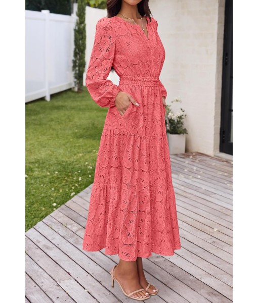 MEROKEETY Women's Fall Long Sleeve Floral Maxi Dress V Neck Lace Eyelet Hollow Out Tiered Dresses Pockets