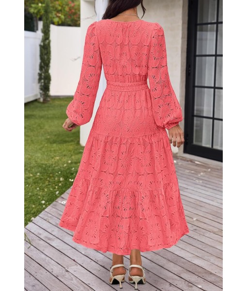 MEROKEETY Women's Fall Long Sleeve Floral Maxi Dress V Neck Lace Eyelet Hollow Out Tiered Dresses Pockets