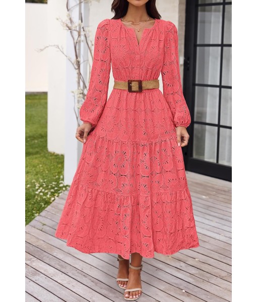 MEROKEETY Women's Fall Long Sleeve Floral Maxi Dress V Neck Lace Eyelet Hollow Out Tiered Dresses Pockets