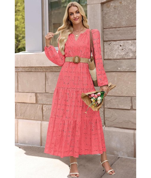 MEROKEETY Women's Fall Long Sleeve Floral Maxi Dress V Neck Lace Eyelet Hollow Out Tiered Dresses Pockets