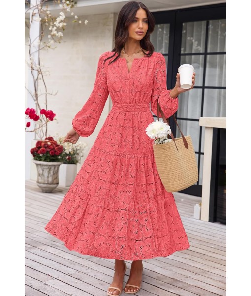 MEROKEETY Women's Fall Long Sleeve Floral Maxi Dress V Neck Lace Eyelet Hollow Out Tiered Dresses Pockets
