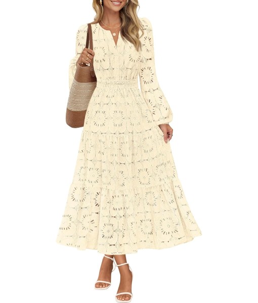 MEROKEETY Women's Fall Long Sleeve Floral Maxi Dress V Neck Lace Eyelet Hollow Out Tiered Dresses Pockets