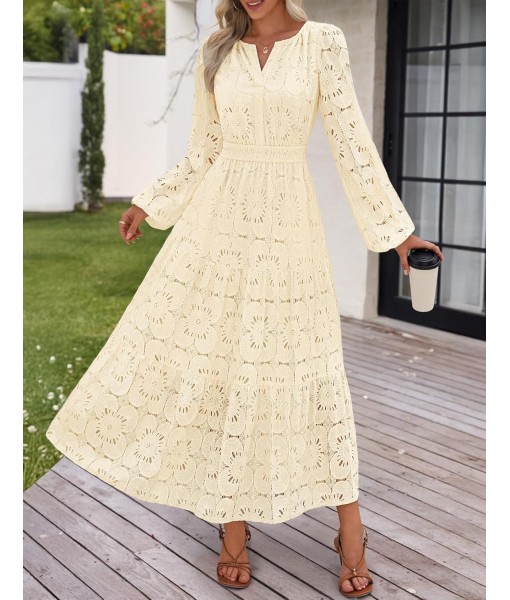MEROKEETY Women's Fall Long Sleeve Floral Maxi Dress V Neck Lace Eyelet Hollow Out Tiered Dresses Pockets