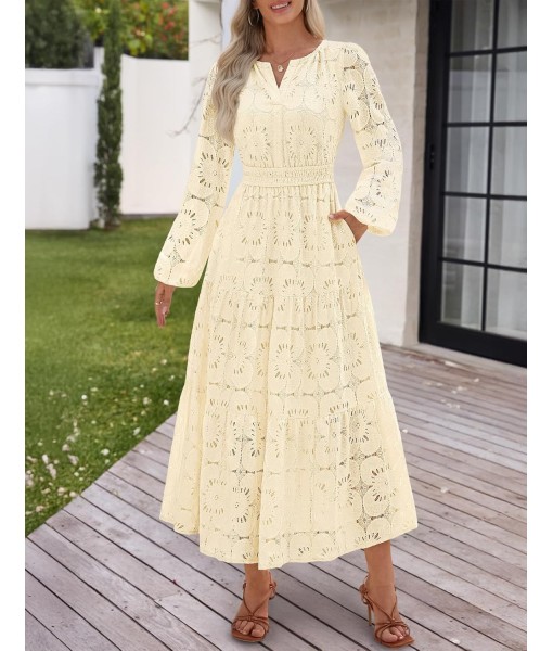 MEROKEETY Women's Fall Long Sleeve Floral Maxi Dress V Neck Lace Eyelet Hollow Out Tiered Dresses Pockets