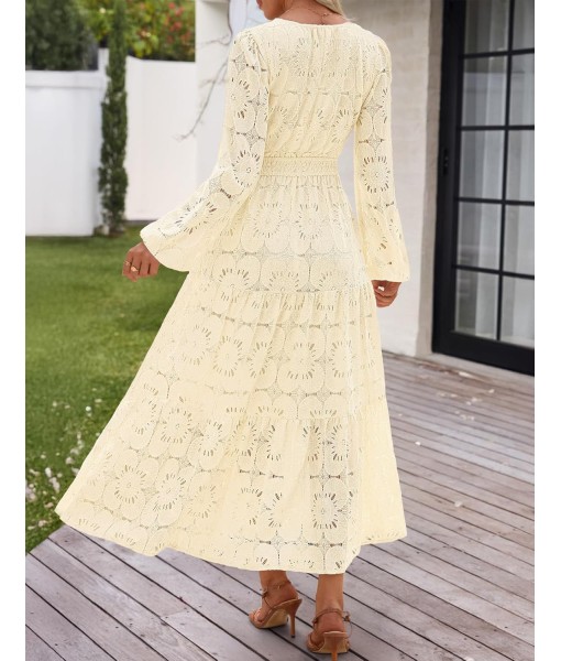 MEROKEETY Women's Fall Long Sleeve Floral Maxi Dress V Neck Lace Eyelet Hollow Out Tiered Dresses Pockets