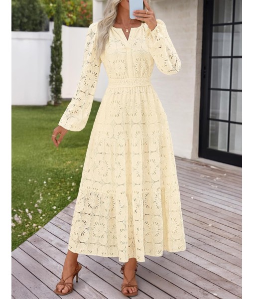 MEROKEETY Women's Fall Long Sleeve Floral Maxi Dress V Neck Lace Eyelet Hollow Out Tiered Dresses Pockets