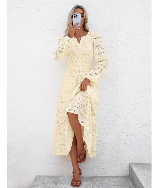 MEROKEETY Women's Fall Long Sleeve Floral Maxi Dress V Neck Lace Eyelet Hollow Out Tiered Dresses Pockets