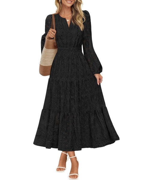 MEROKEETY Women's Fall Long Sleeve Floral Maxi Dress V Neck Lace Eyelet Hollow Out Tiered Dresses Pockets