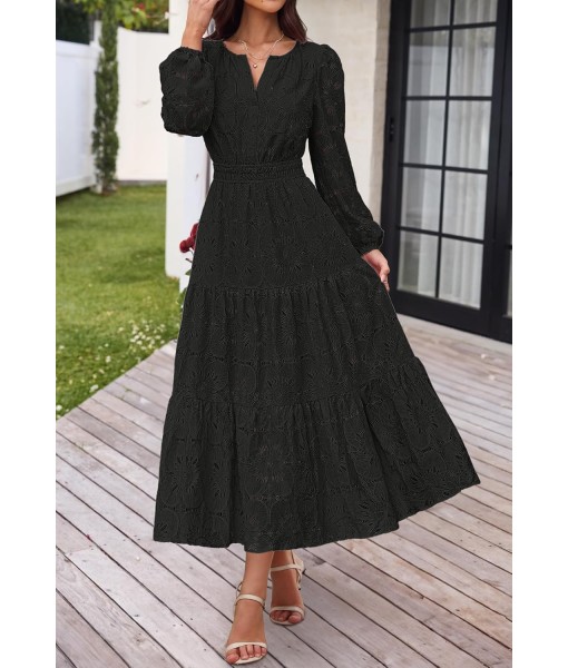 MEROKEETY Women's Fall Long Sleeve Floral Maxi Dress V Neck Lace Eyelet Hollow Out Tiered Dresses Pockets