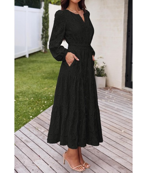 MEROKEETY Women's Fall Long Sleeve Floral Maxi Dress V Neck Lace Eyelet Hollow Out Tiered Dresses Pockets