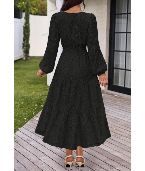 MEROKEETY Women's Fall Long Sleeve Floral Maxi Dress V Neck Lace Eyelet Hollow Out Tiered Dresses Pockets