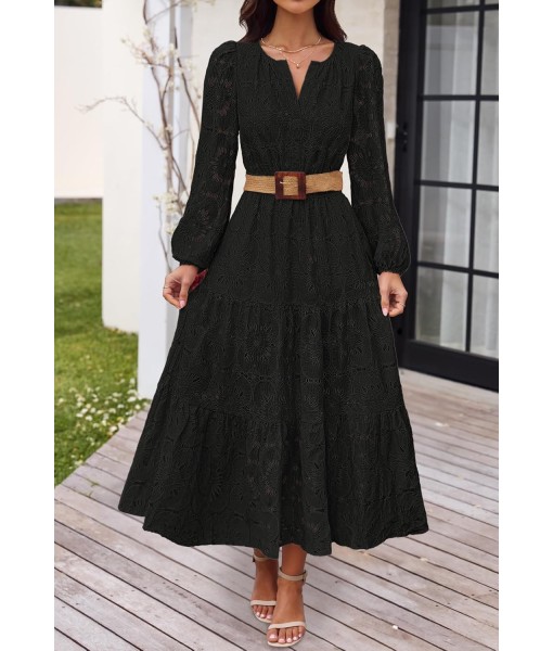 MEROKEETY Women's Fall Long Sleeve Floral Maxi Dress V Neck Lace Eyelet Hollow Out Tiered Dresses Pockets