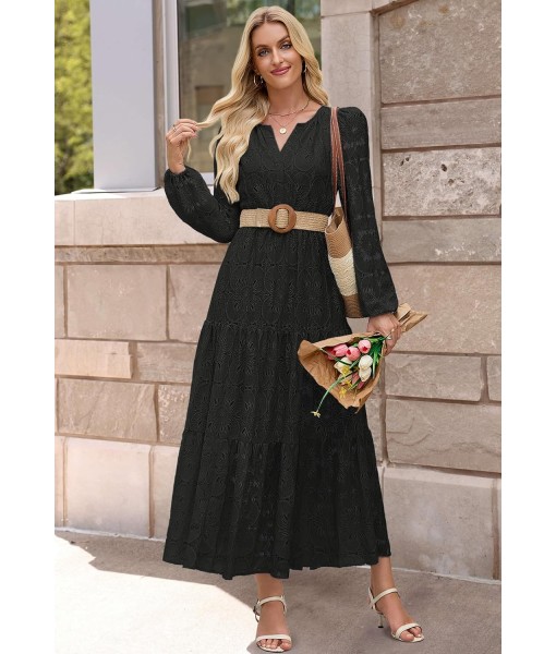 MEROKEETY Women's Fall Long Sleeve Floral Maxi Dress V Neck Lace Eyelet Hollow Out Tiered Dresses Pockets
