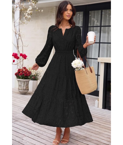 MEROKEETY Women's Fall Long Sleeve Floral Maxi Dress V Neck Lace Eyelet Hollow Out Tiered Dresses Pockets