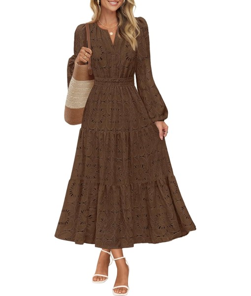 MEROKEETY Women's Fall Long Sleeve Floral Maxi Dress V Neck Lace Eyelet Hollow Out Tiered Dresses Pockets