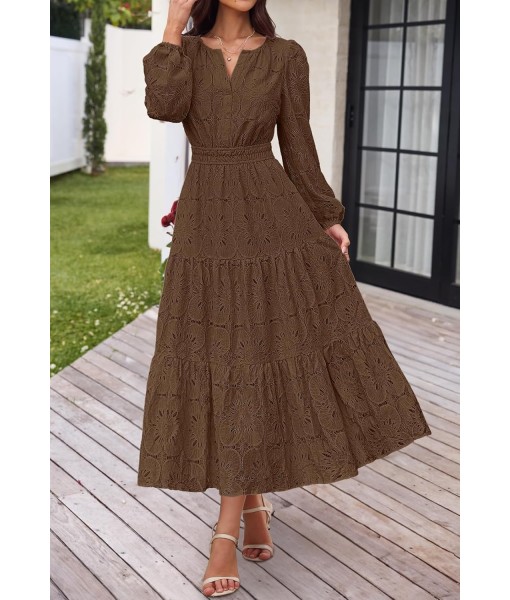 MEROKEETY Women's Fall Long Sleeve Floral Maxi Dress V Neck Lace Eyelet Hollow Out Tiered Dresses Pockets