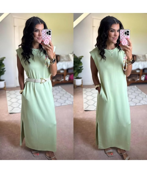 GRECERELLE 2025 Women Year-Round Casual Round Neck Loose Split Wrinkle-Free Long Maxi Vacation Dress with Pockets (XS-3XL)
