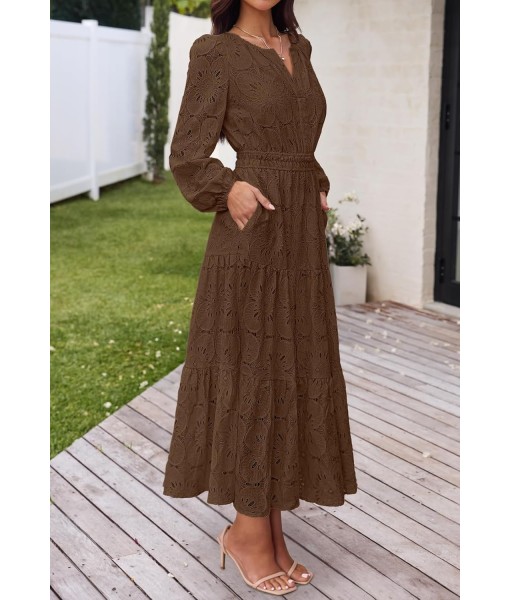 MEROKEETY Women's Fall Long Sleeve Floral Maxi Dress V Neck Lace Eyelet Hollow Out Tiered Dresses Pockets