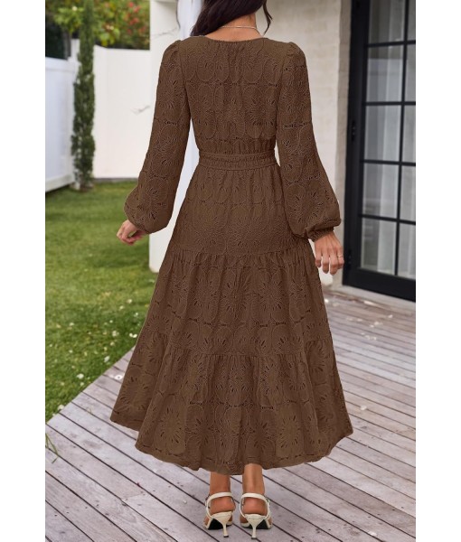 MEROKEETY Women's Fall Long Sleeve Floral Maxi Dress V Neck Lace Eyelet Hollow Out Tiered Dresses Pockets