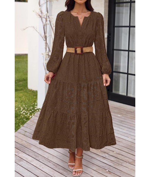 MEROKEETY Women's Fall Long Sleeve Floral Maxi Dress V Neck Lace Eyelet Hollow Out Tiered Dresses Pockets