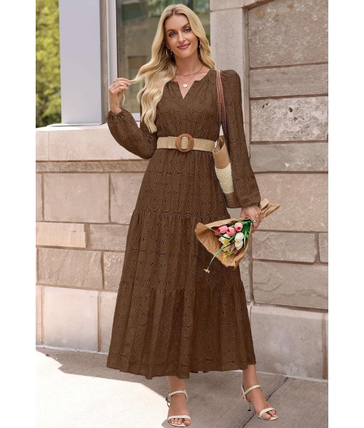 MEROKEETY Women's Fall Long Sleeve Floral Maxi Dress V Neck Lace Eyelet Hollow Out Tiered Dresses Pockets