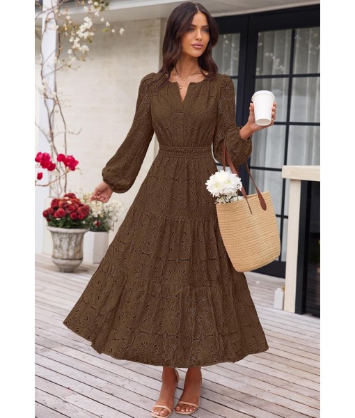 MEROKEETY Women's Fall Long Sleeve Floral Maxi Dress V Neck Lace Eyelet Hollow Out Tiered Dresses Pockets