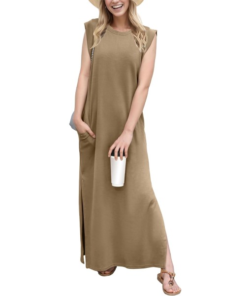 GRECERELLE 2025 Women Year-Round Casual Round Neck Loose Split Wrinkle-Free Long Maxi Vacation Dress with Pockets (XS-3XL)