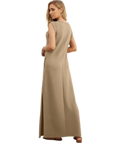 GRECERELLE 2025 Women Year-Round Casual Round Neck Loose Split Wrinkle-Free Long Maxi Vacation Dress with Pockets (XS-3XL)