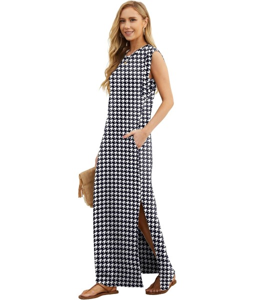 GRECERELLE 2025 Women Year-Round Casual Round Neck Loose Split Wrinkle-Free Long Maxi Vacation Dress with Pockets (XS-3XL)