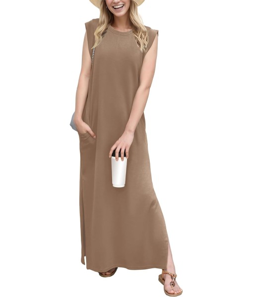 GRECERELLE 2025 Women Year-Round Casual Round Neck Loose Split Wrinkle-Free Long Maxi Vacation Dress with Pockets (XS-3XL)