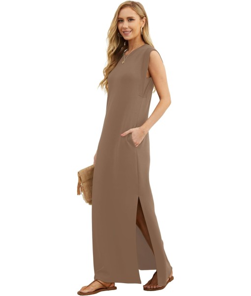 GRECERELLE 2025 Women Year-Round Casual Round Neck Loose Split Wrinkle-Free Long Maxi Vacation Dress with Pockets (XS-3XL)