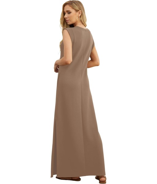 GRECERELLE 2025 Women Year-Round Casual Round Neck Loose Split Wrinkle-Free Long Maxi Vacation Dress with Pockets (XS-3XL)