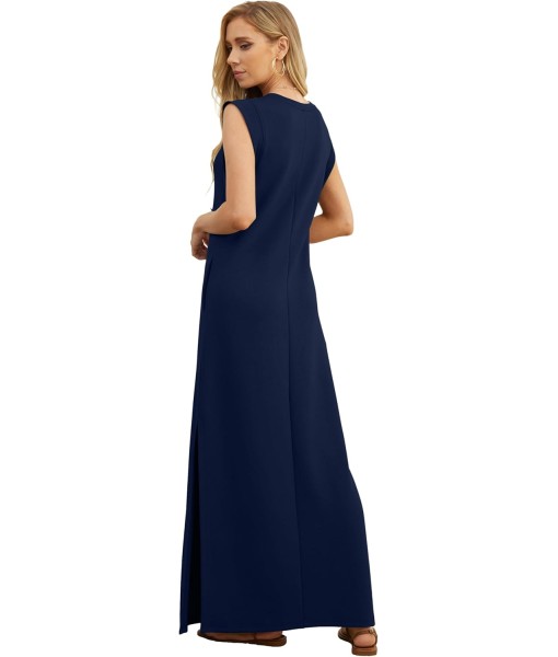 GRECERELLE 2025 Women Year-Round Casual Round Neck Loose Split Wrinkle-Free Long Maxi Vacation Dress with Pockets (XS-3XL)