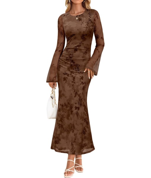 ZESICA Women's Long Sleeve Floral Bodycon Dress 2025 Fall Fashion Ruched Mesh Wedding Guest Cocktail Party Maxi Dresses